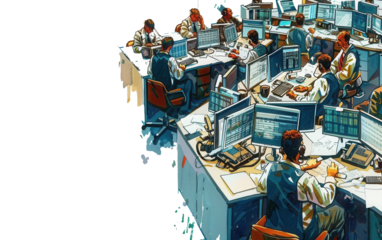 A busy trading floor with stockbrokers analyzing market trends Isolated on Transparent Background PNG