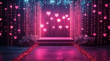 Podium set against a dreamy Valentine-themed backdrop with glowing heart garlands 