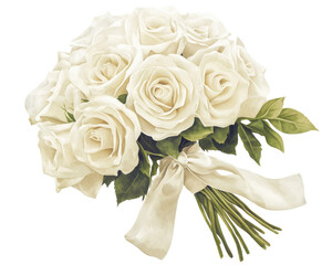 Fototapeta premium White rose bouquet with green leaves, elegantly arranged on a white background.