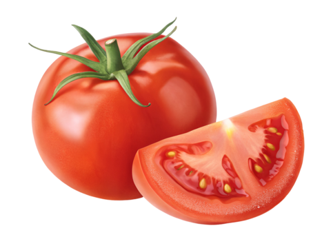 tomatoes isolated on transparent background - A fresh whole tomato with a juicy sliced piece, showcasing vibrant red color and natural texture, ideal for food themes.
