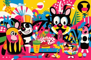 Fototapeta premium Colorful Cartoon Animals Enjoying Festive Treats Together