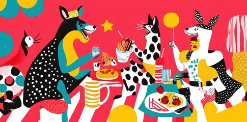 Stylized Dogs Enjoying A Colorful Party Feast