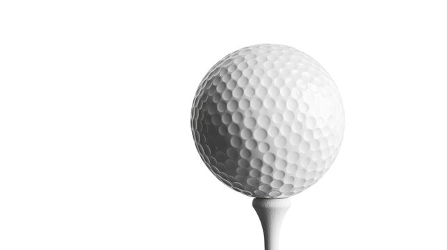 A solitary golf ball poised on a tee against a minimalistic white background