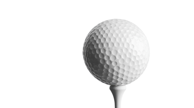 A solitary golf ball poised on a tee against a minimalistic white background