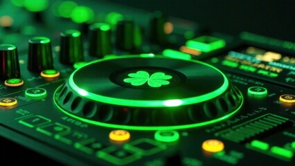 A DJ with a futuristic setup: the virtual console glows with green patterns, 3D icons of clovers and gold coins spin around. St. Patrick's Day in the 21st century