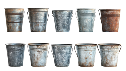 A collection of rustic metal buckets, varying in color and texture, highlights their aging process