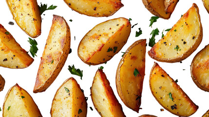 Delicious golden-brown potato wedges with fresh herbs on a clean white background