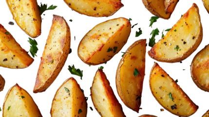 Delicious golden-brown potato wedges with fresh herbs on a clean white background