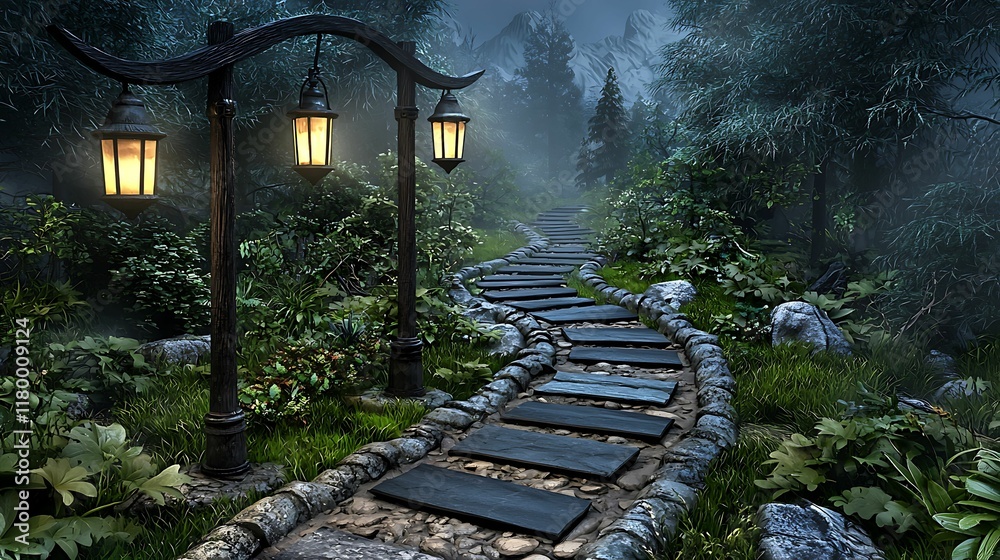 Wall mural a serene forest path illuminated by lanterns, surrounded by lush greenery and fog, creating a tranqu