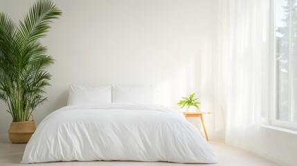 Modern Minimalist Bedroom with White Bedding, Green Plant, Large Windows, and Natural Light, Ideal for Relaxation and Interior Design Inspiration