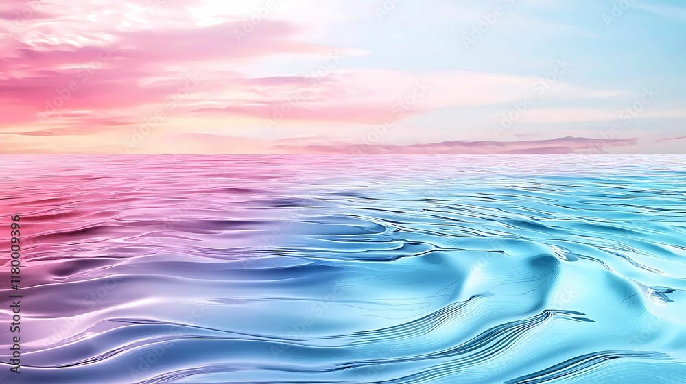 Wall mural a serene ocean scene with gentle waves reflecting a pastel sky, blending shades of pink and blue, ev