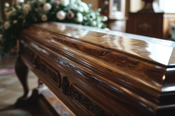 White Acrylic-Covered Wooden Coffin in a Funeral Parlor: Christian Burial and Remembrance