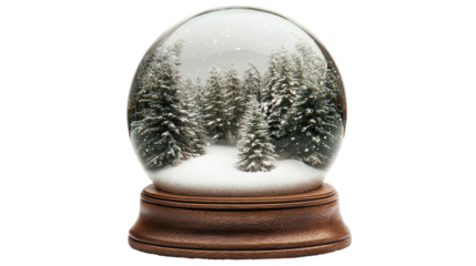 Enchanting winter wonderland inside a snow globe with serene evergreen trees and snowfall