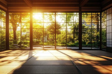 Fototapeta premium Sunlit Japanese Room, Garden View, Peaceful Interior, Tranquil Design, Meditation