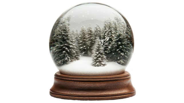 Enchanting winter wonderland inside a snow globe with serene evergreen trees and snowfall