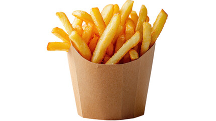Crispy golden fries served in a rustic wooden cup at a bustling food court during lunchtime rush