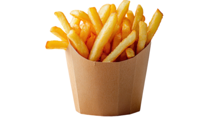 Crispy golden fries served in a rustic wooden cup at a bustling food court during lunchtime rush