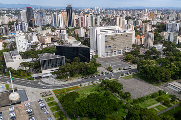 Drone view of the central region of Curitiba, capital of the state of Parana, on a sunny day. On the left is the Legislative Assembly and on the right is the headquarters of the Judiciary