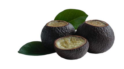 Freshly cut avocados resting on green leaves, showcasing their creamy texture and rich color