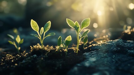 Fresh saplings sprouting with sunlight softly highlighting their emergence