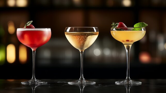 Holiday elegant glasses of champagne or cocktail, holiday drinks on blurred background.