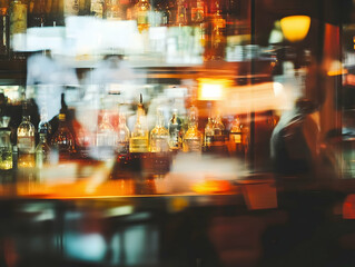 Fototapeta premium A blurry image of a bar counter with a few bottles adding to the lively atmosphere -