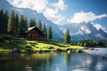 Naklejka premium Charming wooden cabin nestled on a green lakeshore, with majestic mountains and lush trees creating a picturesque alpine scene