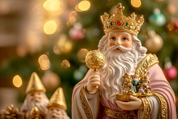 Fototapeta premium A man in a crown holding a golden ball. The man is wearing a pink robe.