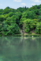 Fototapeta premium Scenic landscape from Arashiyama district with Katsura river in Kyoto