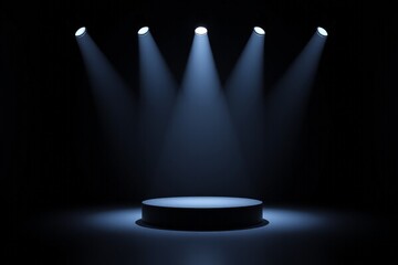 a dimly lit stage with three spotlights and a round pedestal