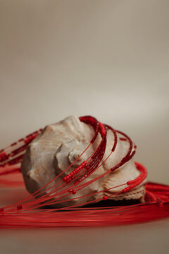 a large white seashell decorated with red strings of beads