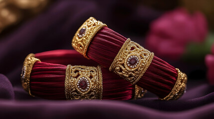 Two red bangles with gold and crystal decorations. The bangles are placed on a purple background