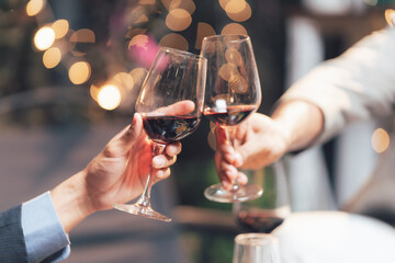 Cheers to Success: A close-up shot of two hands clinking wine glasses in a celebratory toast, capturing the warmth and camaraderie of a special occasion.