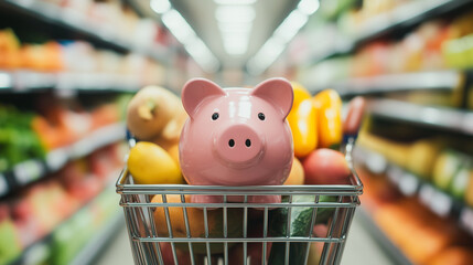 Pink piggy bank sitting in a grocery cart filled with fresh produce. symbolizing budgeting and saving money or expensive groceries, so need to bring savings. Image made using Generative AI