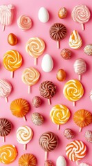 Naklejka premium Colorful candyland-inspired Easter background showcasing vibrant lollipops, chocolate bunnies, and assorted sugary eggs for festive celebrations