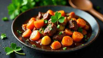 Plate of Irish stew with beef, potatoes and carrots on dark background, near green clover leaves and wooden spoon. Festive dinner, St. Patrick's Day party