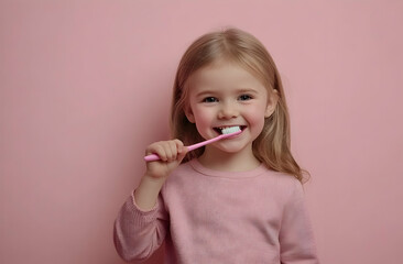 A young girl is brushing her teeth with a blue and white toothbrush