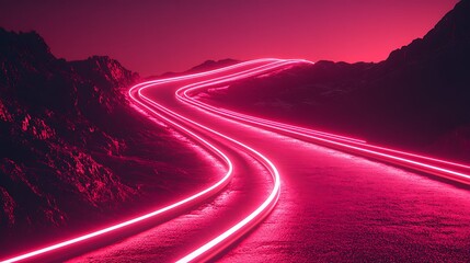 Pink Neon Lines Winding Through Mountainous Terrain
