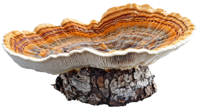 A vibrant turkey tail mushroom growing prominently on a rustic tree stump in a forest setting