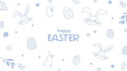 Happy Easter.Greeting card on the theme of the religious holiday. Horizontal banner with hand drawn bunnies,Easter eggs and flowers.Can be used for poster,invitation and preview.green background