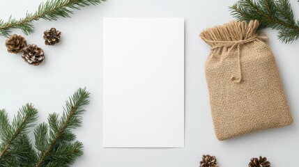 Obraz premium Blank White Paper Surrounded by Pine Leaves, Pine Cones, and a Burlap Bag, Ideal for Holiday Themes and Seasonal Greetings from Nature