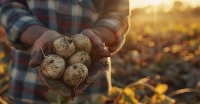 Hands cradling freshly harvested potatoes under a golden sunset in an open field