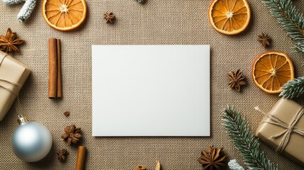 Cozy Holiday Arrangement with Blank Canvas Surrounded by Cinnamon Sticks, Dried Oranges, Pine Branches, and Decorative Gifts on Rustic Burlap Background