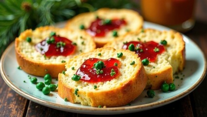 Plate of Irish soda bread pieces served with jam, butter and festive green decorations. Festive dinner, St. Patrick's Day party
