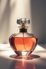 Luxurious perfume bottle filled with fragrance. Elegant and timeless design, with a rounded glass base that beautifully refracts light, creating a soft, glow.