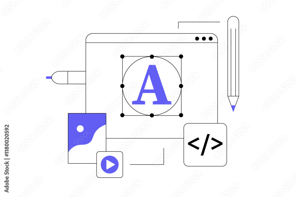 Aufkleber web design concept. creating responsive site layouts, adding videos, images and graphic elements and