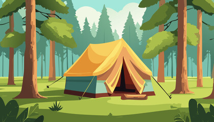Tent in the forest vector illustration. Camping in the woods.