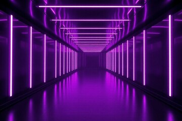 Fototapeta premium purple neon lights in a dark hallway with a long corridor
