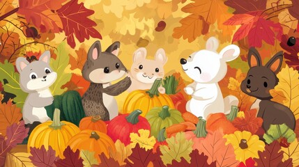 Fototapeta premium Adorable Autumn Animals Gather Pumpkins Amidst Colorful Leaves
