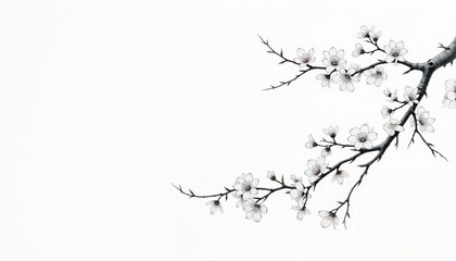 Black and White Cherry Blossom Branch with Delicate Flowers on Minimalistic Background with Copy Space
